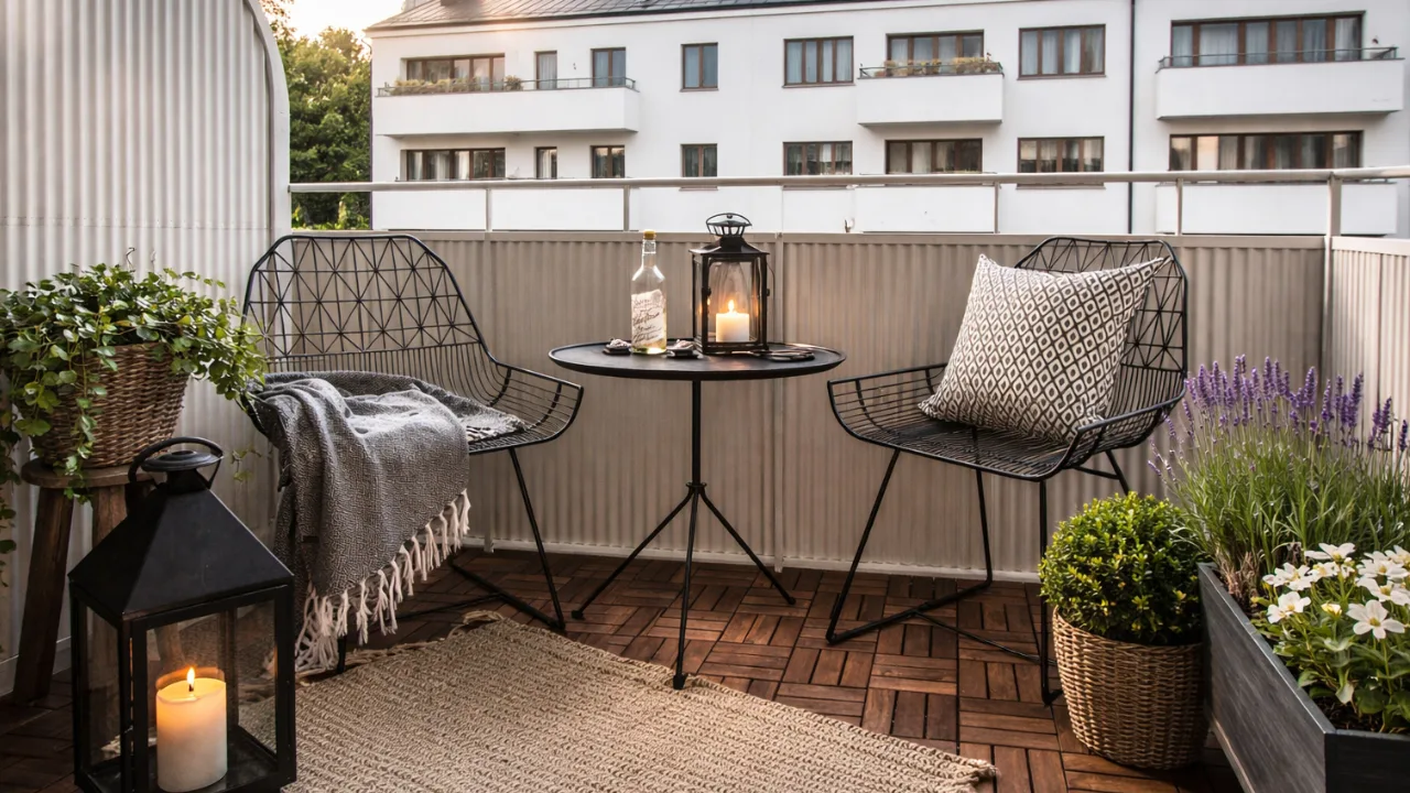 Balkondeko im April mit Stühlen, Tisch, Pflanzen und gemütlicher Frühlingsgestaltung auf kleinem Balkon