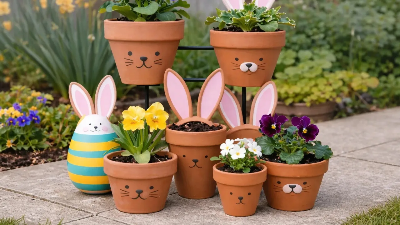 Osterdeko für kleine Gärten mit bemalten Blumentöpfen und Frühlingsblumen