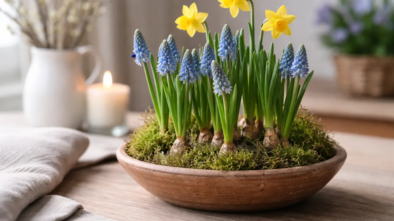Frühblüher Deko zuhause mit Narzissen und Traubenhyazinthen in Schale auf Holztisch im Frühlings-Wohnraum.