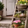 Ausgefallene Osterdeko am Hauseingang mit Holzleiter, Osterkorb, Frühlingsblumen und Naturdeko im Eingangsbereich.
