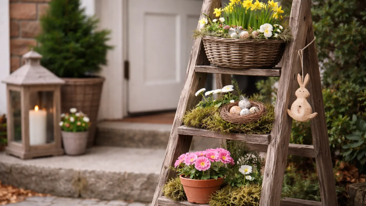 Ausgefallene Osterdeko am Hauseingang mit Holzleiter, Osterkorb, Frühlingsblumen und Naturdeko im Eingangsbereich.