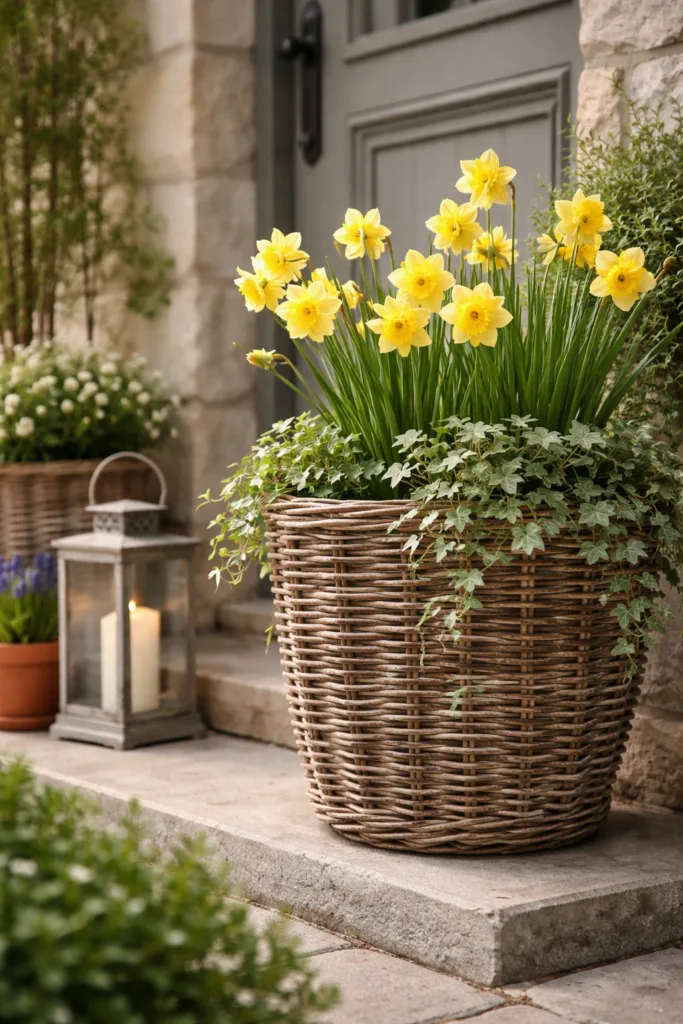 Hauseingang Deko im April mit Korb, Narzissen und natürlichen Materialien vor Haustür