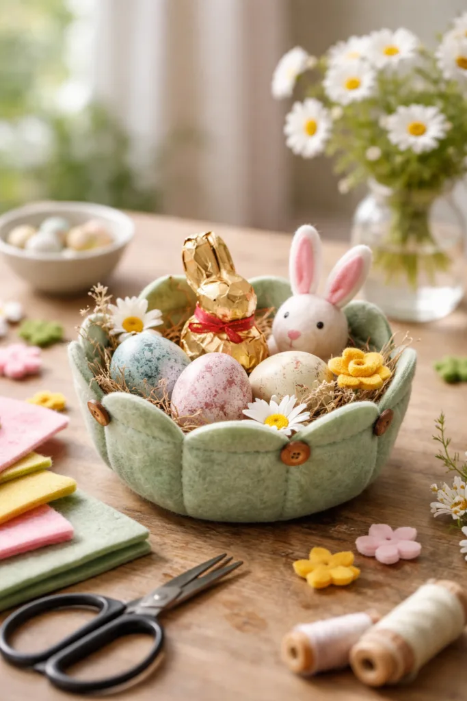 5 einfache Osternest-Bastelideen für Kinder ohne großen Aufwand Osternest aus Filz basteln für Kinder mit Eiern, Stoff und Osterdeko auf Holztisch