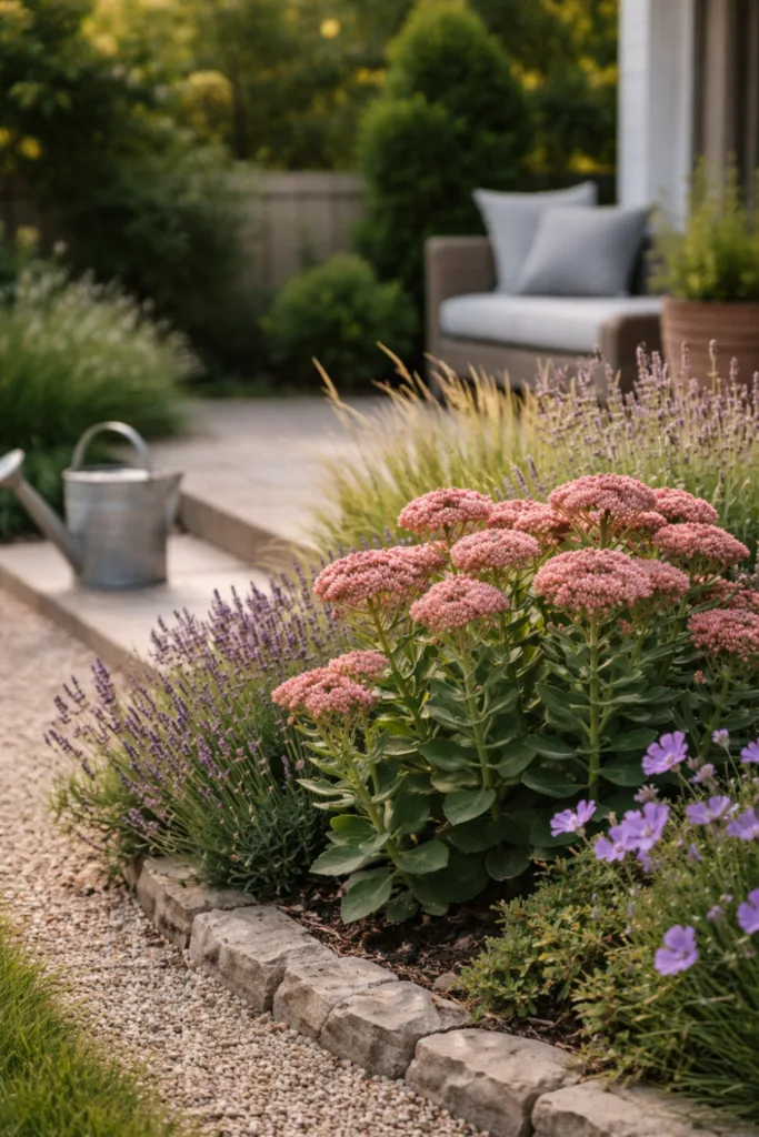 Pflegeleichtes Blumenbeet gestalten mit Lavendel, Fetthenne und Ziergräsern im sonnigen Garten