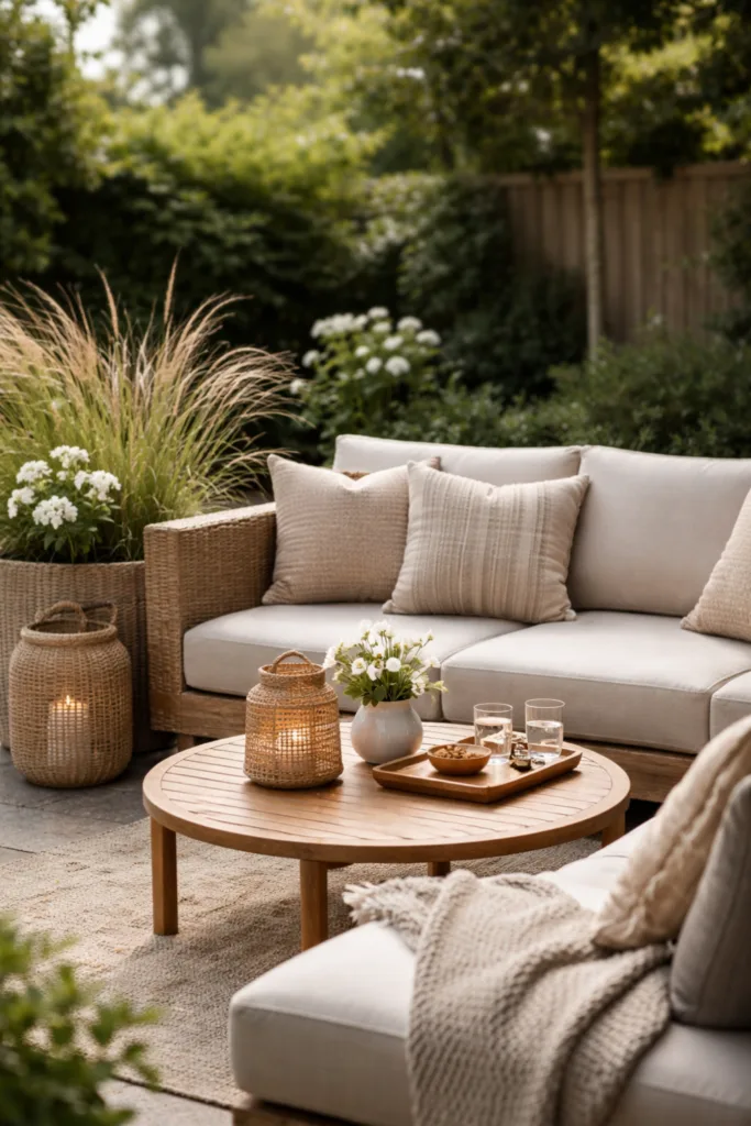 Moderne Garten Lounge Deko – 5 schöne Ideen ohne Kitsch Garten Lounge Deko mit Sofa, Holztisch und Pflanzen als strukturierte Sitzzone im Garten