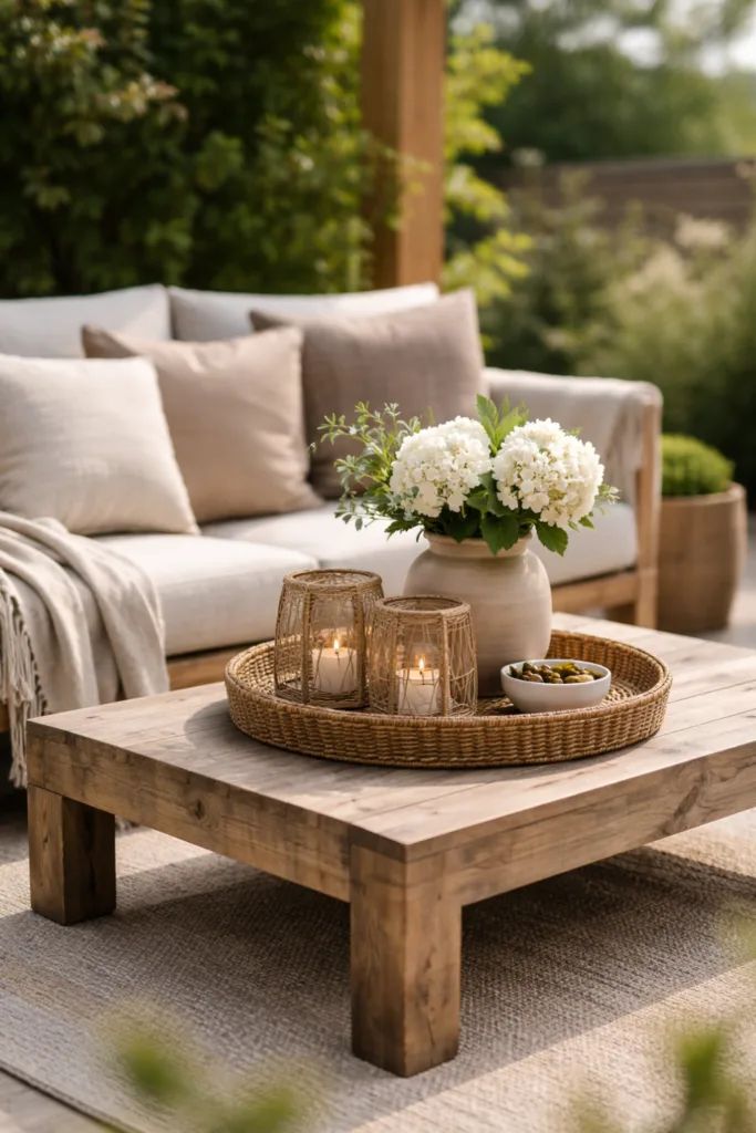 Moderne Garten Lounge Deko – 5 schöne Ideen ohne Kitsch Garten Lounge Deko mit Holztisch, Kissen, Stoffen und natürlicher Materialkombination im Außenbereich