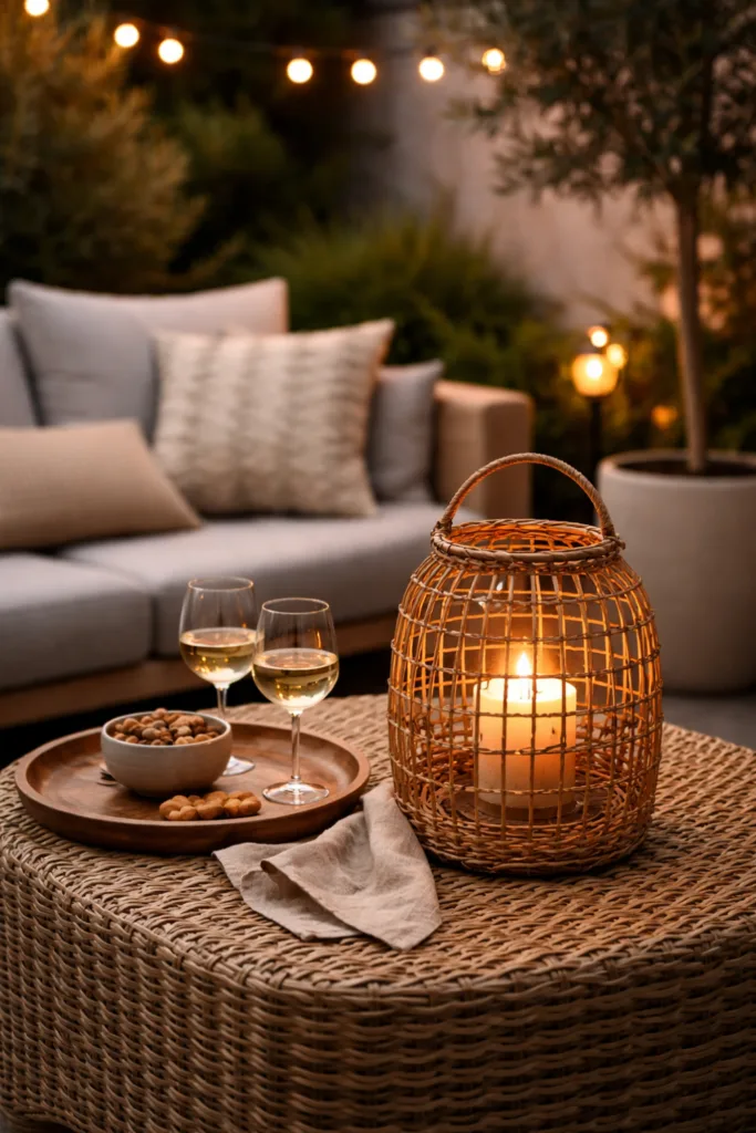 Moderne Garten Lounge Deko – 5 schöne Ideen ohne Kitsch Garten Lounge Deko mit warmem Licht, Laterne und gemütlicher Outdoor Beleuchtung am Abend