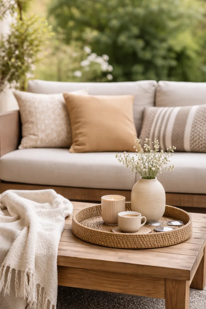 Moderne Garten Lounge Deko – 5 schöne Ideen ohne Kitsch Garten Lounge Deko mit Kissen, Holz Tisch, Kerze und stilvollen Accessoires im Outdoor Bereich