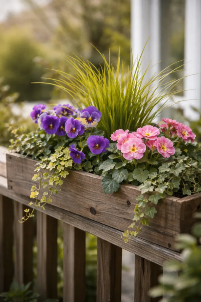 Blumenkasten bepflanzen im April – 5 Ideen mit natürlichem Look Blumenkasten Deko im April mit Frühblühern, Gras und Efeu auf Balkon in natürlicher Anordnung
