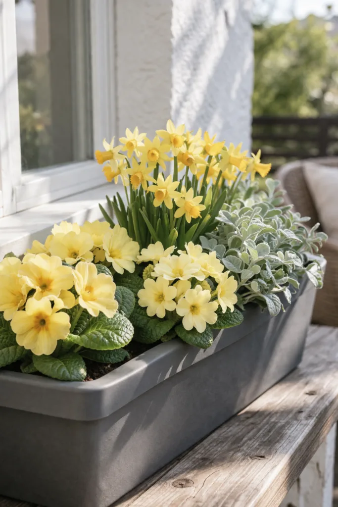 Blumenkasten bepflanzen im April – 5 Ideen mit natürlichem Look Blumenkasten Deko im April mit gelben Frühblühern und Ton-in-Ton Bepflanzung auf Balkon