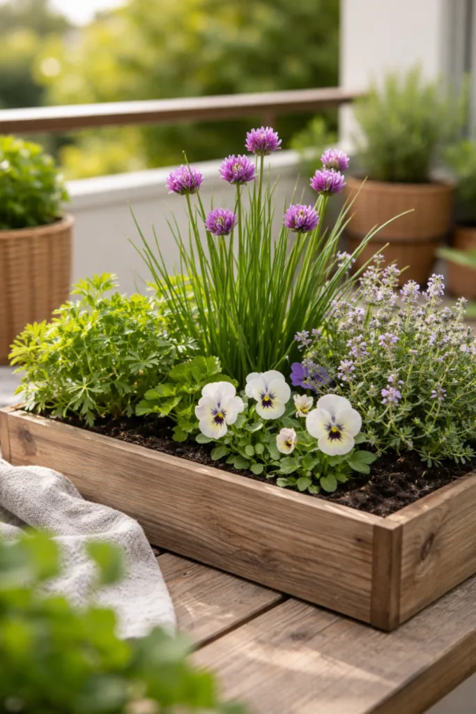 Blumenkasten bepflanzen im April – 5 Ideen mit natürlichem Look Blumenkasten Deko im April mit Kräutern, Blüten und natürlicher Kombination auf Balkon