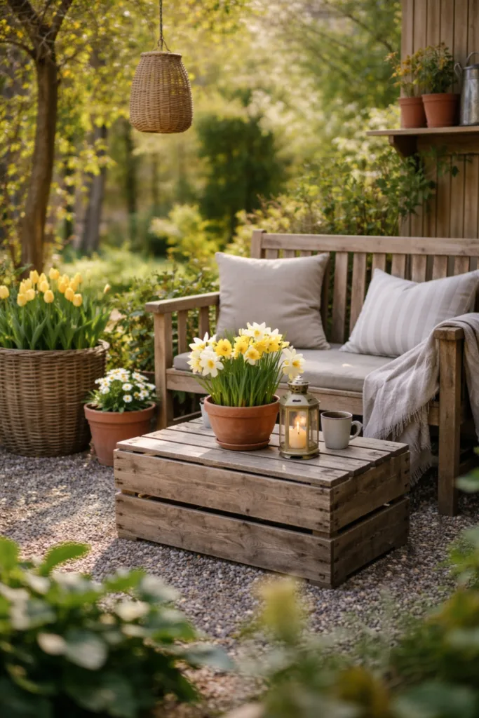 Schrebergarten Deko im April mit Laterne und warmem Licht am Sitzplatz