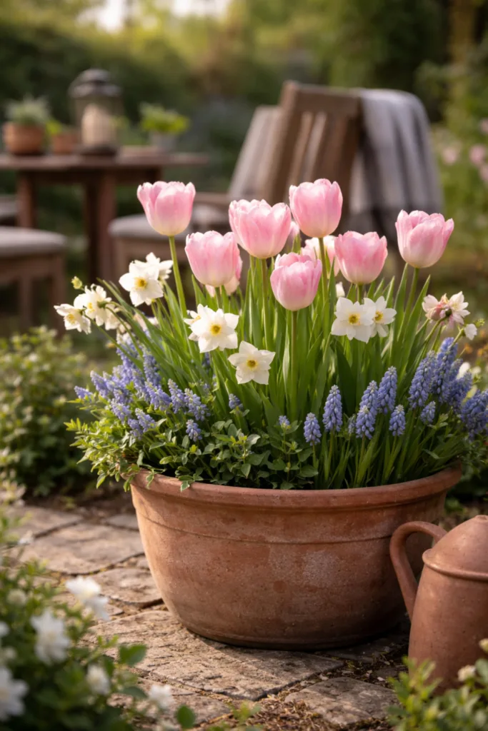 Schrebergarten Deko im April mit Frühblühern als Farbinsel im Pflanzkübel im Garten