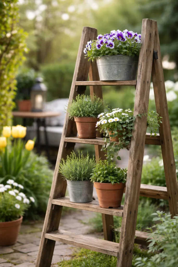Schrebergarten Deko im April mit vertikaler Holzleiter und bepflanzten Töpfen im Frühling