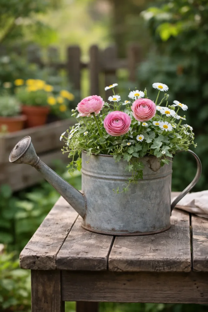 Schrebergarten Deko im April mit alter Gießkanne als Pflanzgefäß mit Frühblühern auf Holztisch