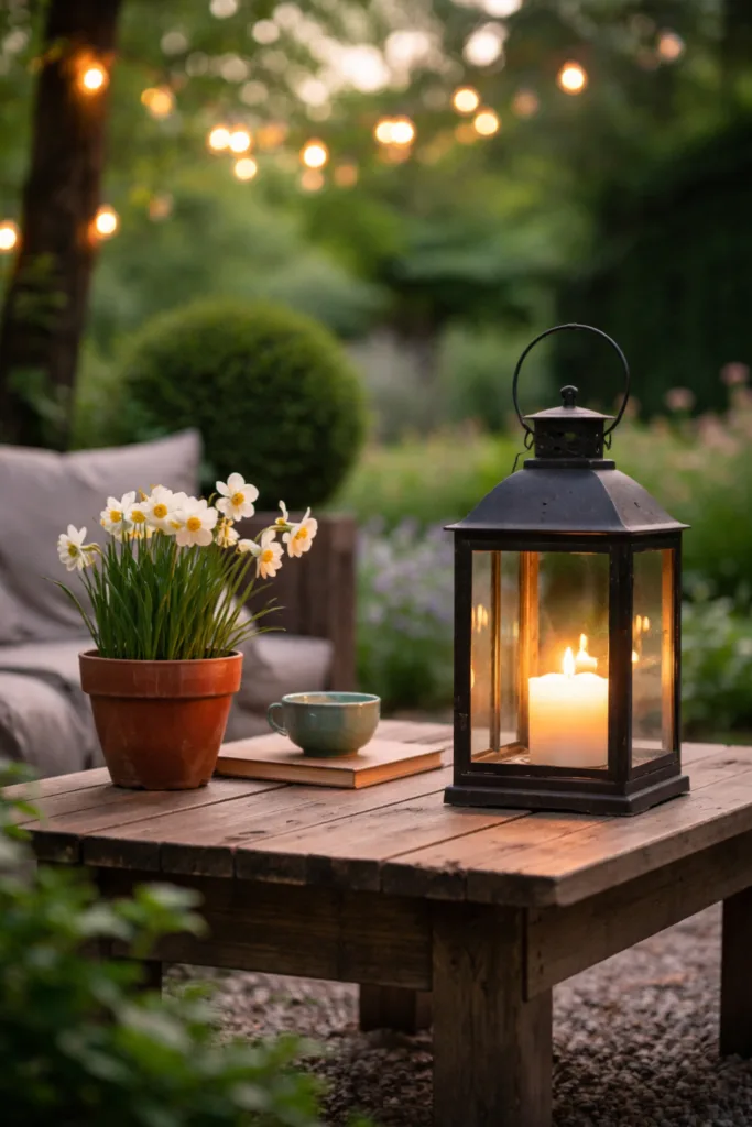 Schrebergarten Deko im April mit Laterne und Kerzenlicht für stimmungsvolle Beleuchtung im Garten