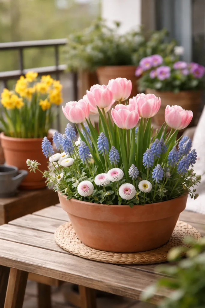 Kleiner Balkon Deko im April mit Tulpen, Narzissen und Frühblühern im Topf harmonisch arrangiert