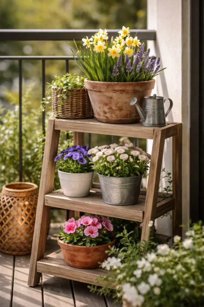 Kleiner Balkon Deko im April mit Pflanzenregal, Frühblühern und gestaffelten Ebenen