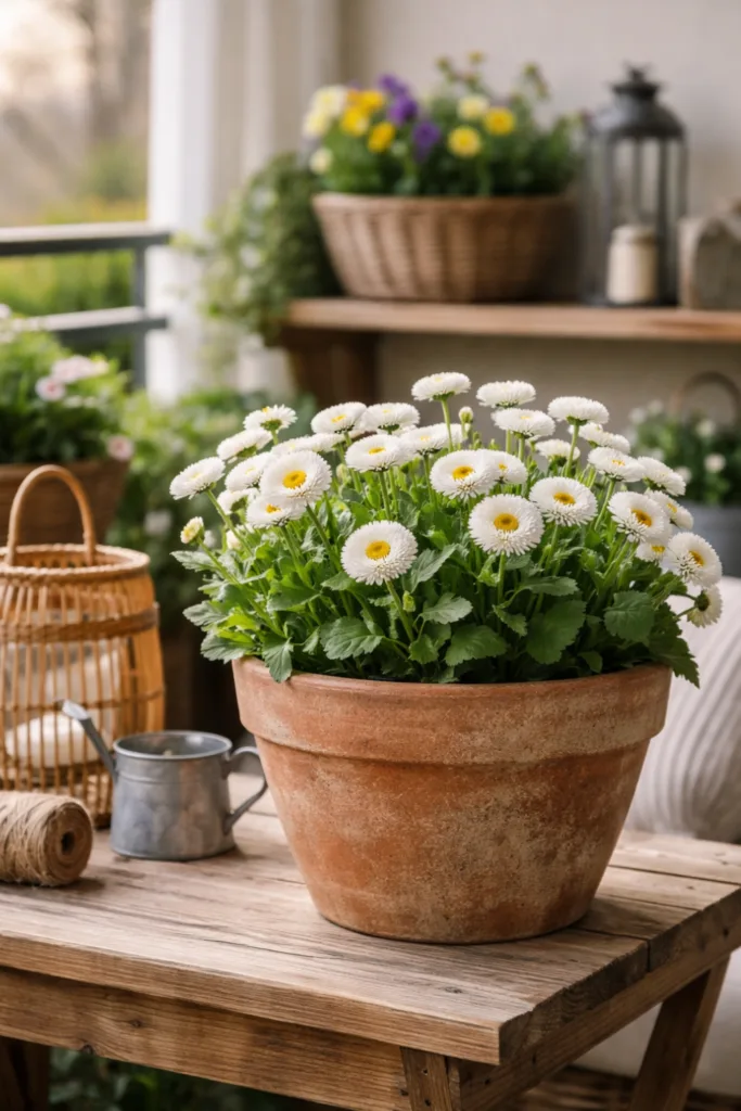 Kleiner Balkon Deko im April mit Terrakotta Topf und Frühblühern, natürliche Materialien und ruhige Gestaltung