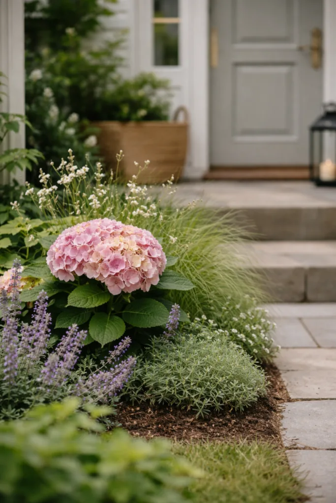 Kleines Blumenbeet gestalten mit Hortensie und Gräsern am Hauseingang