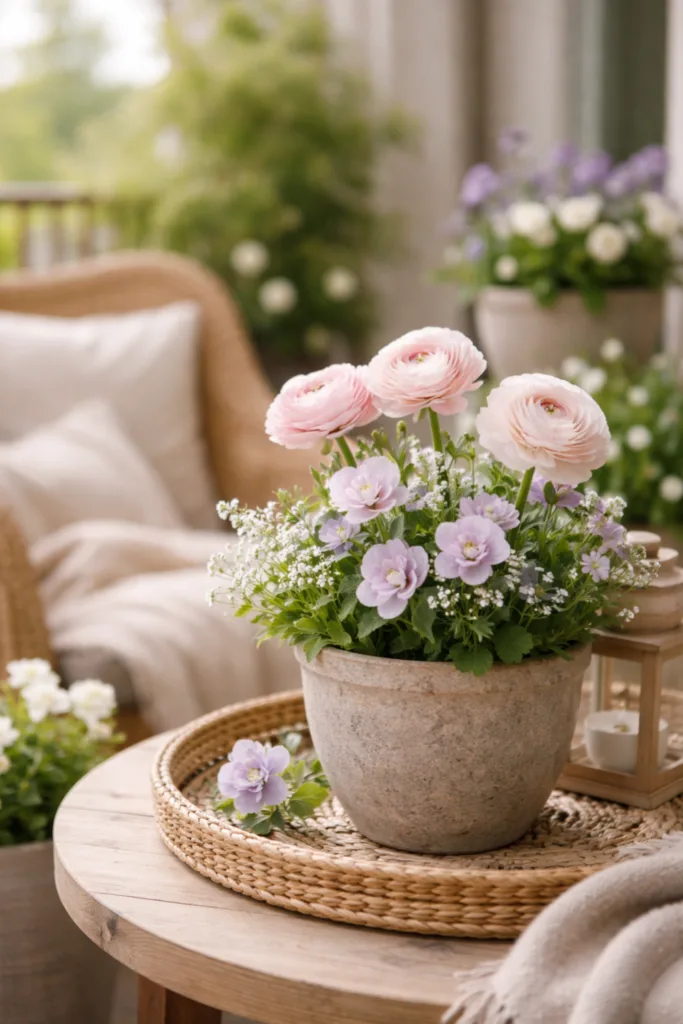 Kleiner Balkon Deko im April mit harmonischen Farben und Frühblühern in Terrakotta-Topf