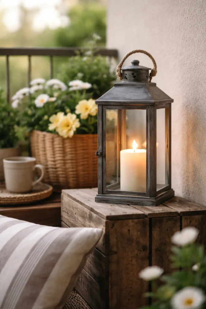 Kleiner Balkon Deko im April mit Laterne, Holz und Frühblühern, funktional gestaltet