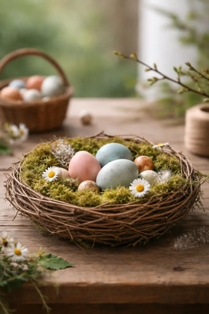 5 einfache Osternest-Bastelideen für Kinder ohne großen Aufwand Osternest aus Naturmaterialien mit Moos, Zweigen und Ostereiern auf Holztisch dekoriert