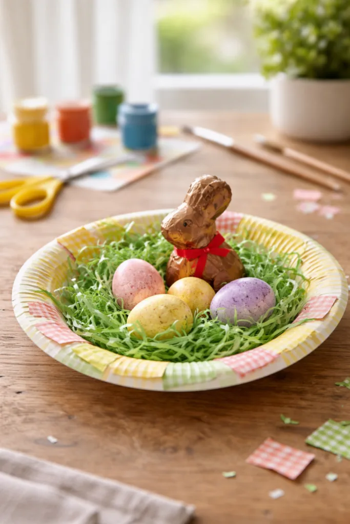 5 einfache Osternest-Bastelideen für Kinder ohne großen Aufwand Osternest basteln mit Pappteller für Kinder, bunt dekoriert mit Eiern und Ostergras