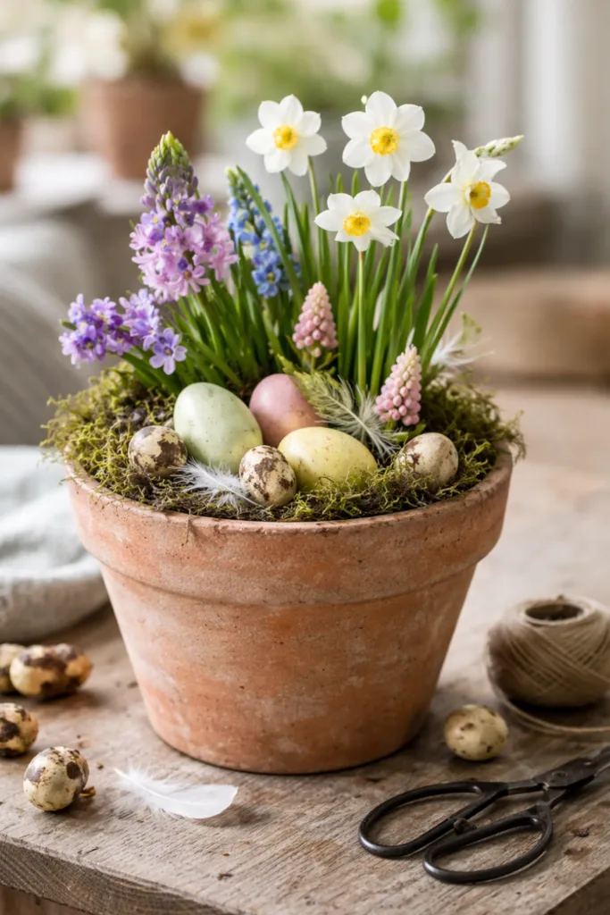 5 einfache Osternest-Bastelideen für Kinder ohne großen Aufwand Osternest im Blumentopf mit Moos, Frühlingsblumen und bunten Ostereiern dekoriert