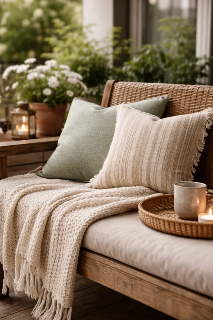Terrassen Deko im April mit Kissen, Decke und Holzbank für gemütliche Atmosphäre draußen