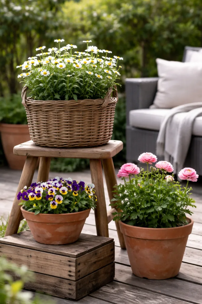 Terrassen Deko im April mit Pflanzen in verschiedenen Höhen für mehr Struktur und Tiefe