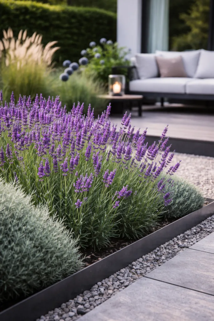 Modernes Blumenbeet gestalten mit Lavendel, klaren Linien und strukturierter Bepflanzung an der Terrasse