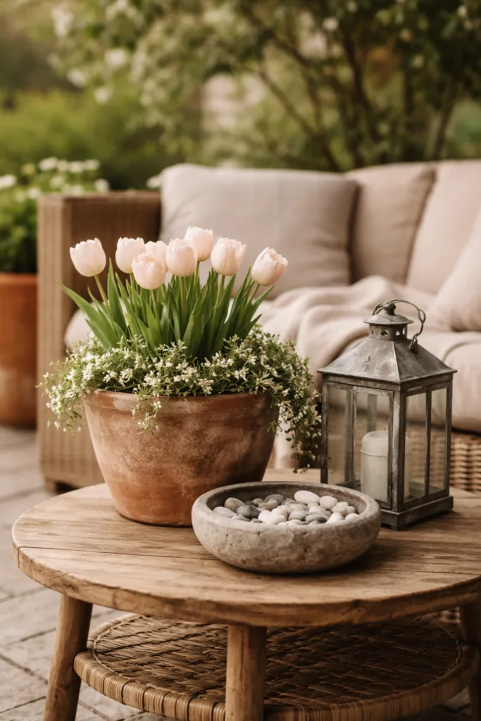 Terrassen Deko im April mit Holz, Zink und Frühblühern stilvoll kombiniert