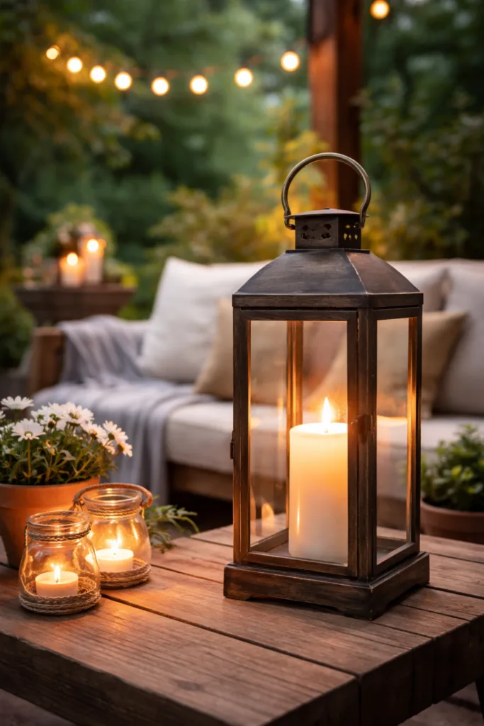 Terrassen Deko im April mit Laterne, Kerzen und warmem Licht für gemütliche Abende draußen
