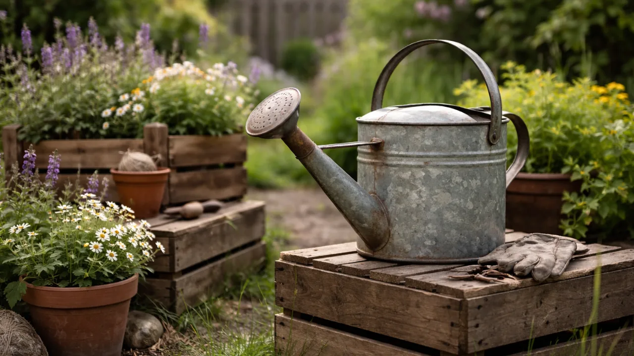Rustikale Gartendeko: 5 Ideen, die deinen Garten sofort verschönern Rustikale Gartendekoration mit alter Zinkgießkanne, Holzkisten und Blumen im naturnahen Gartenarrangement