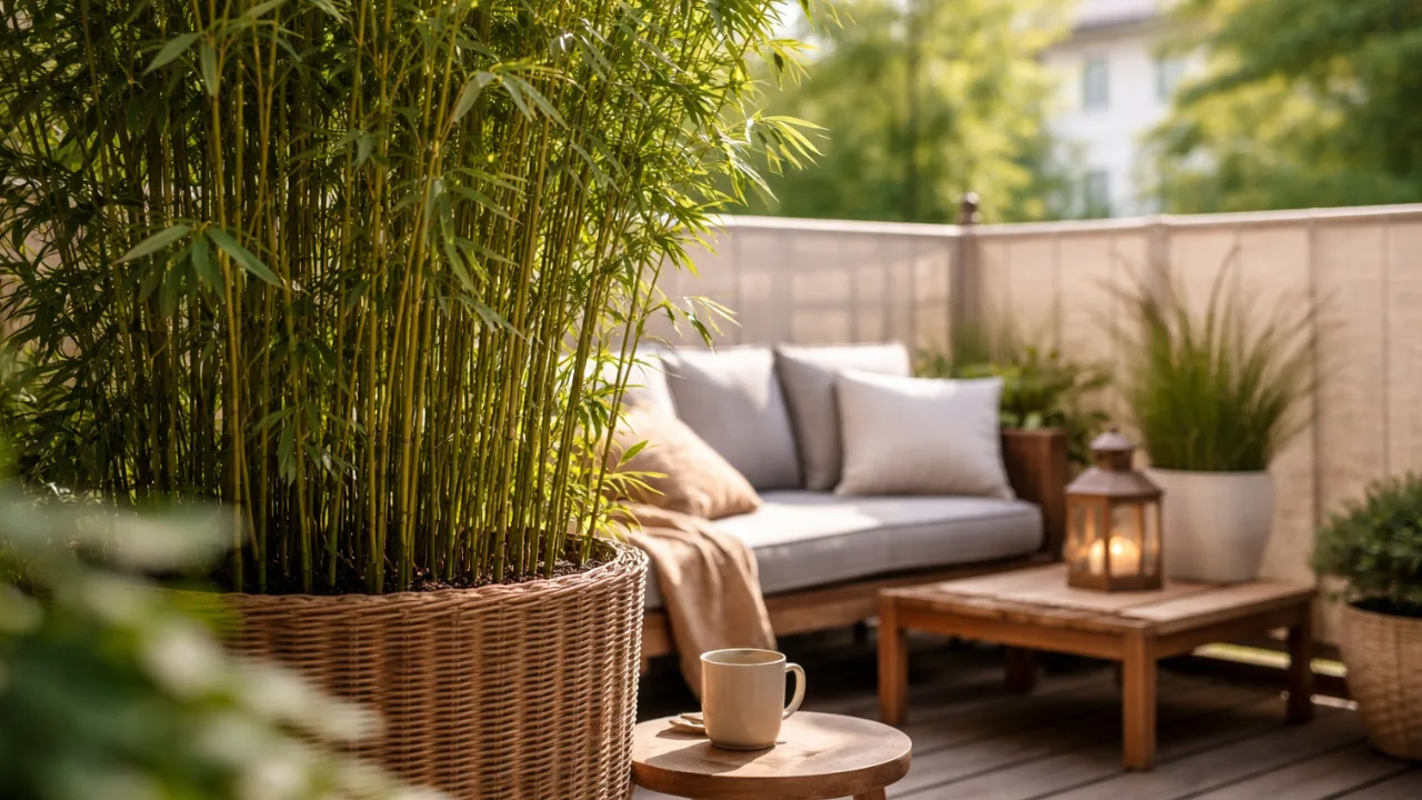 Balkon Sichtschutz mit Bambus im Kübel, natürlicher Schutz vor Blicken und gemütliche Gestaltung auf kleinem Balkon