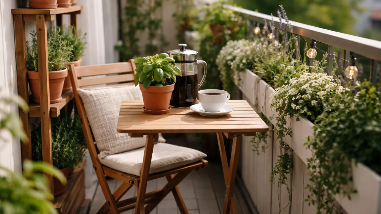 Schmaler Balkon Ideen mit klappbarem Tisch, Kräutern und vertikaler Bepflanzung im kleinen Balkonbereich