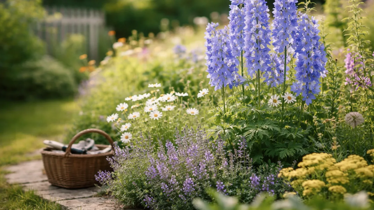 Blumenbeet gestalten mit Rittersporn, Margeriten und Lavendel im naturnahen Gartenstil