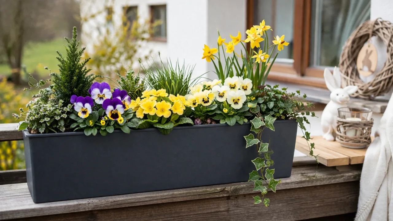Blumenkasten bepflanzen im April – 5 Ideen mit natürlichem Look Blumenkasten Deko im April mit Frühblühern, Narzissen und Efeu auf Balkon stilvoll arrangiert