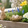 Osterdeko im Blumenkasten mit Narzissen, Moosnest, Eiern und Holzhasen im Frühlingsgarten
