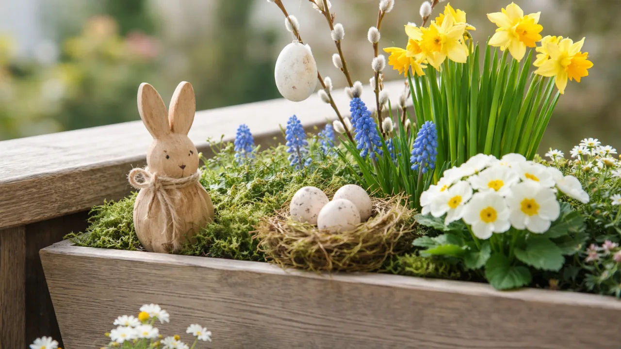 Osterdeko im Blumenkasten mit Narzissen, Moosnest, Eiern und Holzhasen im Frühlingsgarten