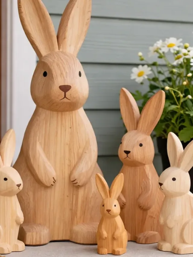 Holz-Osterhasen als Osterdeko am Hauseingang neben Blumentopf mit Margeriten und Haustür im Frühling.