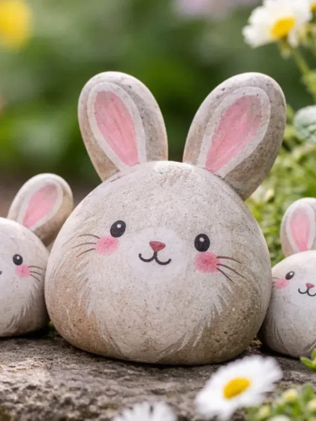 Osterdeko aus Steinen mit bemalten Hasen zwischen Frühlingsblumen im Gartenbeet