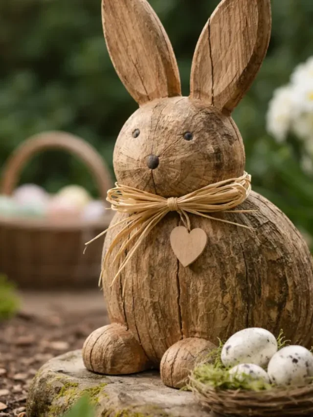 Osterhasen Deko im Garten mit Holzfigur, Blumen und natürlicher Frühlingsdekoration