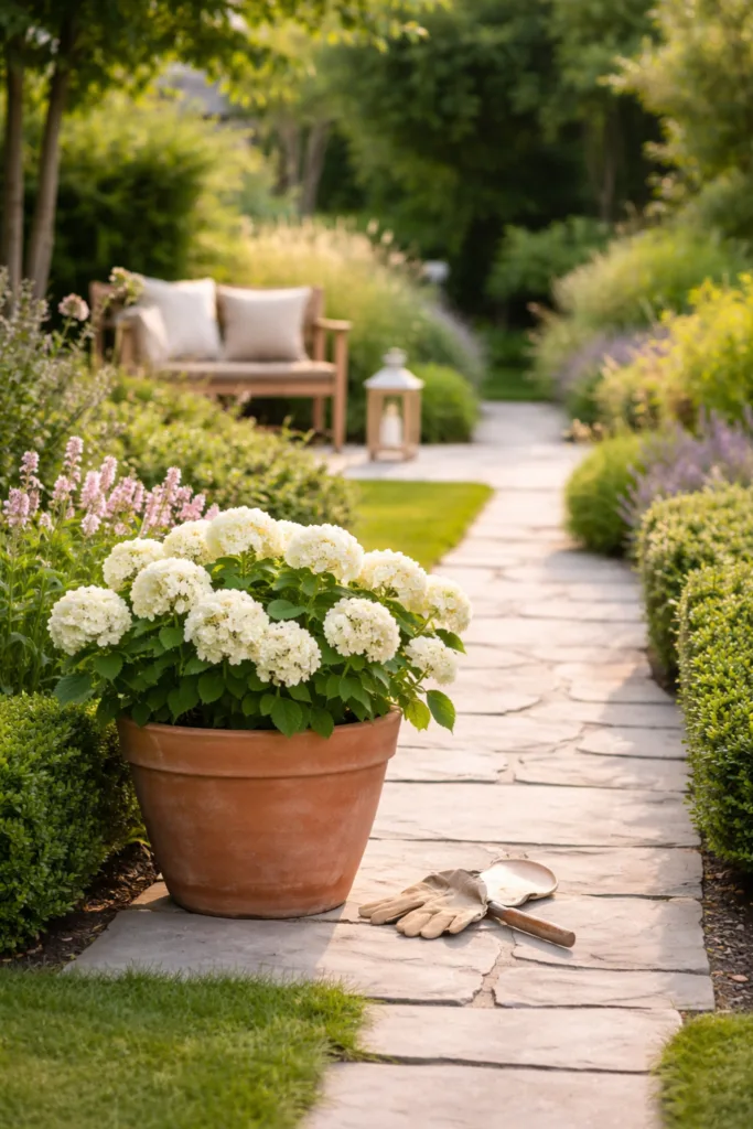 Gartengestaltung klare Struktur mit Weg, Beet und Sitzbereich im harmonischen Garten