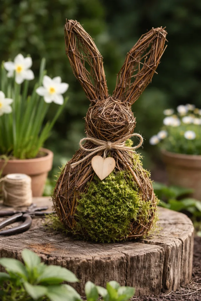 Osterhasen Deko aus Naturmaterialien im Garten mit Holz, Moos und Zweigen natürlich arrangiert