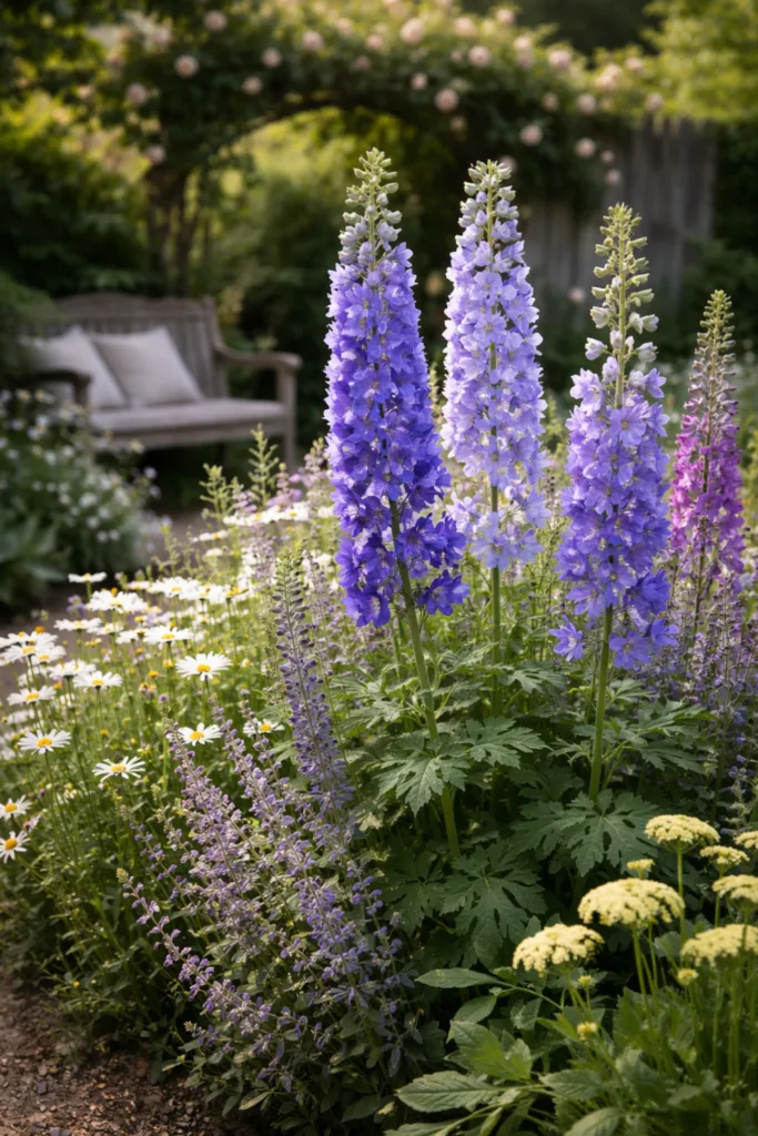 Blumenbeet gestalten im Landhausstil mit Rittersporn, Margeriten und natürlicher Bepflanzung im Garten