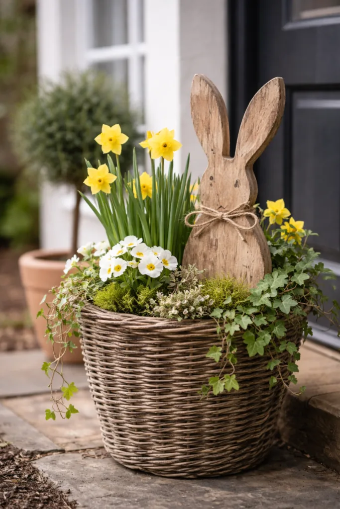 Osterhasen Deko im Pflanzgefäß mit Narzissen am Hauseingang im Garten