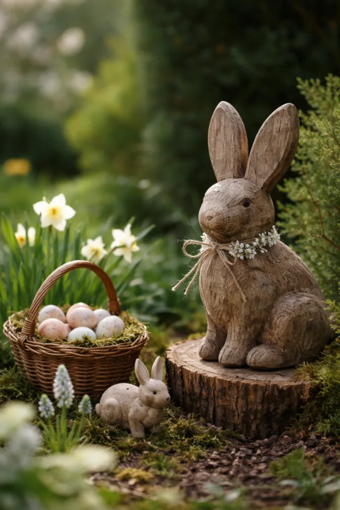 Szenische Osterhasen Deko im Garten mit Holzhasen, Eiern und Frühlingsblumen in ruhiger Komposition