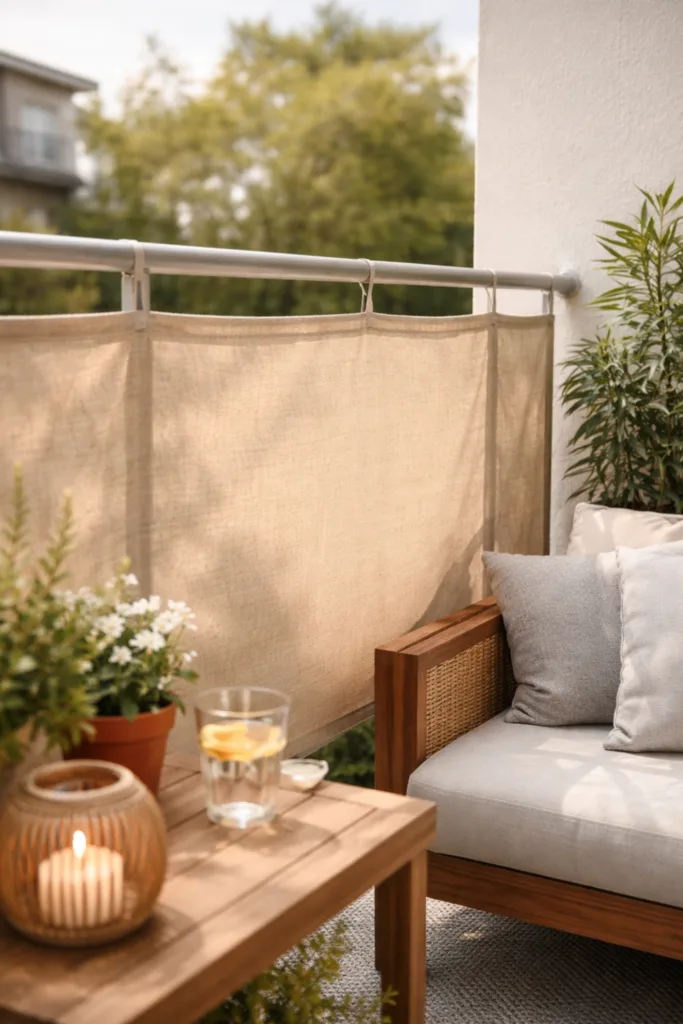 Balkon Sichtschutz mit Bambus im Kübel als natürlicher grüner Sichtschutz auf kleinem Balkon umgesetzt